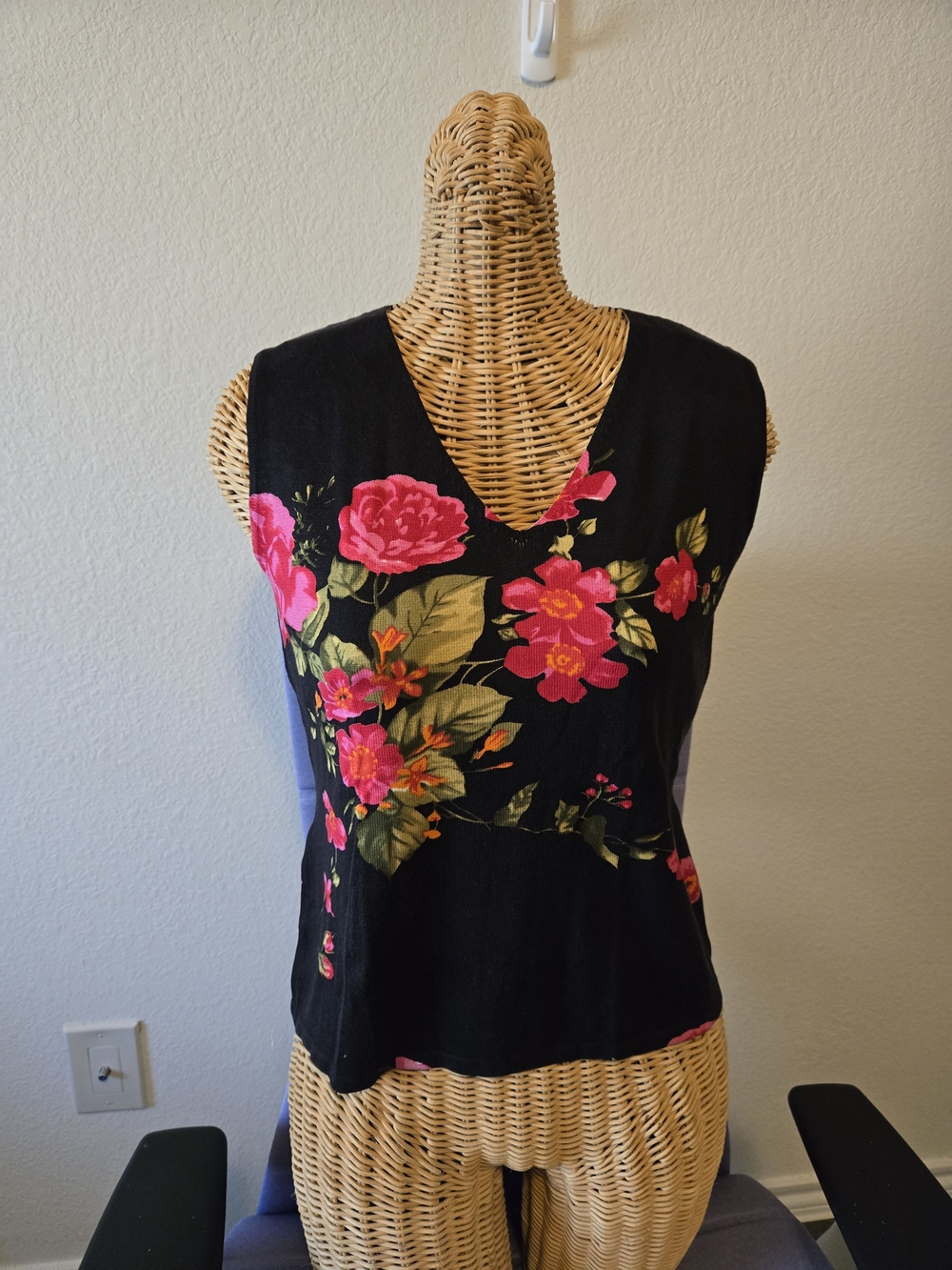Joseph A Silk Black Tank Top with Bright Pink Floral Print